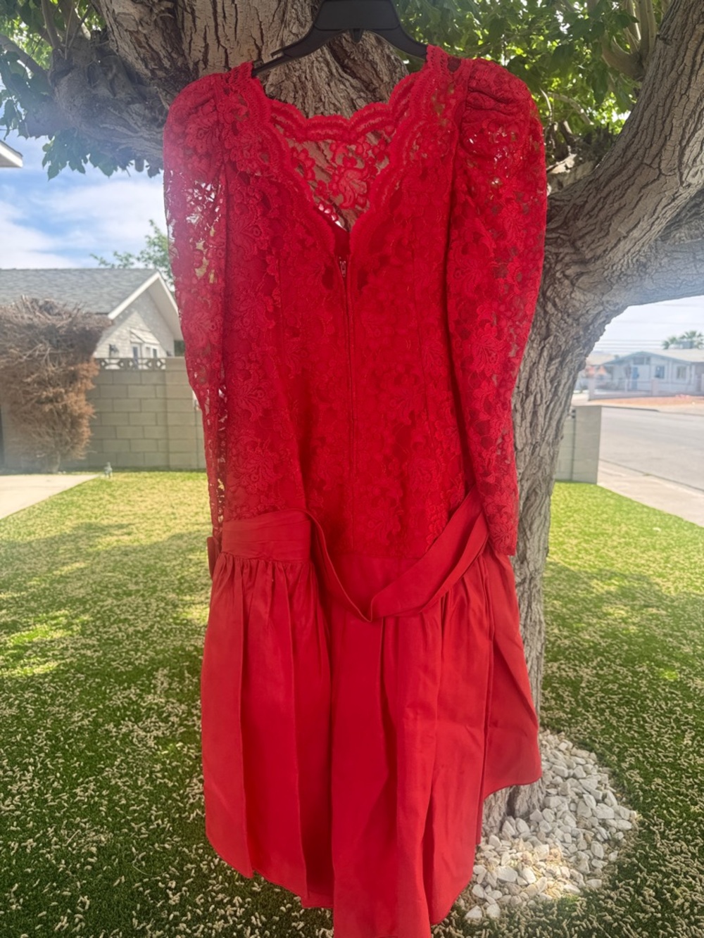 Vintage Red Lace Puff Sleeve Party Dress | Drop Waist